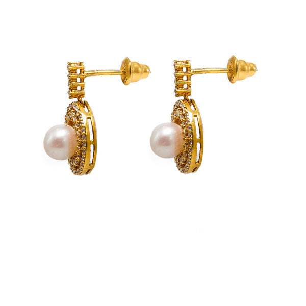 22K Yellow Gold Pearl Necklace & Earrings Set W/ Pearls, CZ Gems & Round Eyelet Accents |  22K Yellow Gold Pearl Necklace & Earrings Set W/ Pearls, CZ Gems & Round Eyelet Accents ...