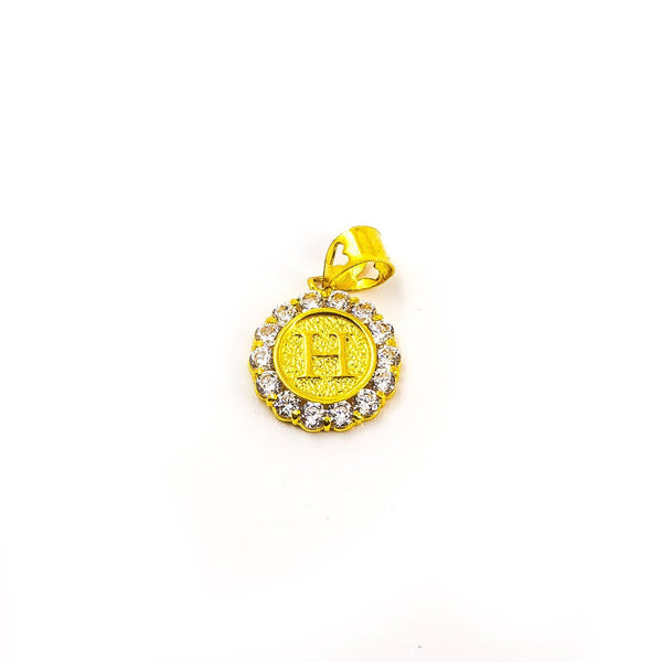 22K Yellow Gold Pendant W/ Engraved Initial "H" on Precious CZ Encrusted Frame |  22K Yellow Gold Pendant W/ Engraved Initial 