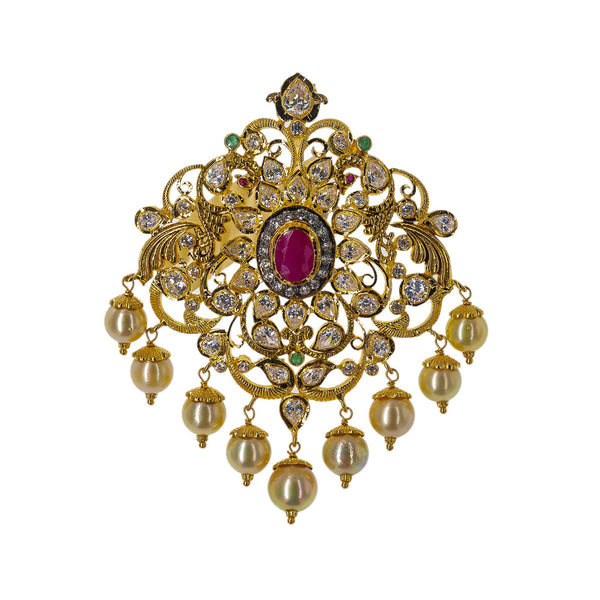 22K Yellow Gold Pendant W/ Emeralds, Rubies, CZ Gemstones & Hanging Pearls, 22.8gm | Grace your final look with a touch of gold and precious gemstone jewelry such as this 22K yellow ...