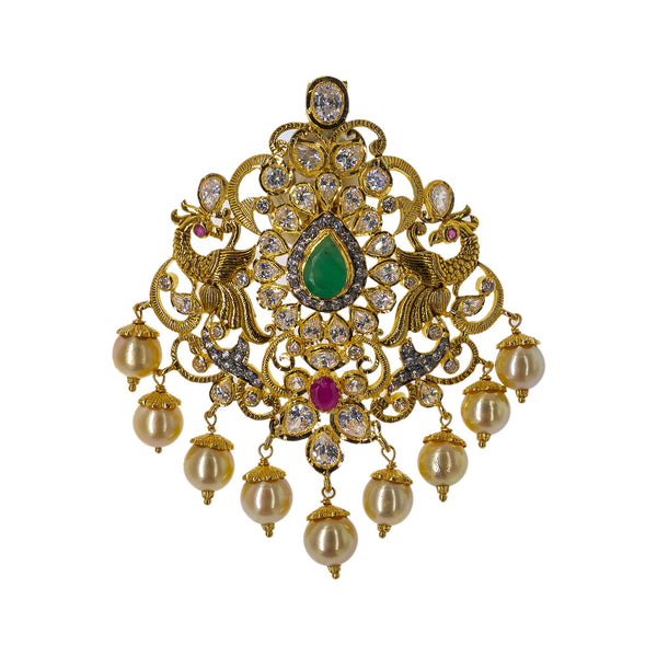 22K Yellow Gold Pendant W/ Emeralds, Rubies, CZ Gemstones & Hanging Pearls, 24.4gm | Grace your final look with a touch of gold and precious gemstone jewelry such as this 22K yellow ...