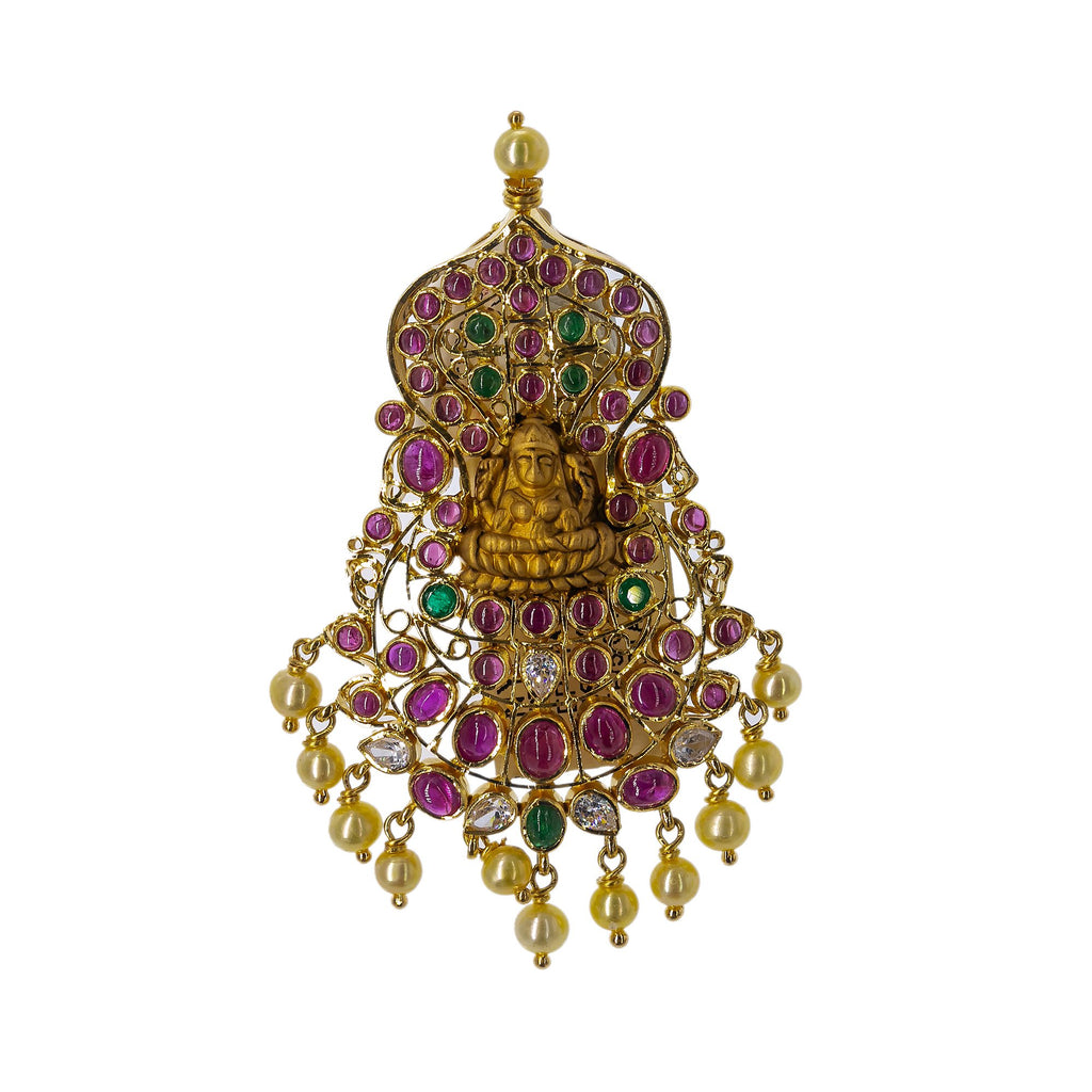 22K Yellow Gold Laxmi Pendant W/ Emeralds, Rubies, CZ Gemstones & Hanging Pearls, 22.1gm | Grace your final look with a touch of gold and precious gemstone jewelry such as this 22K yellow ...