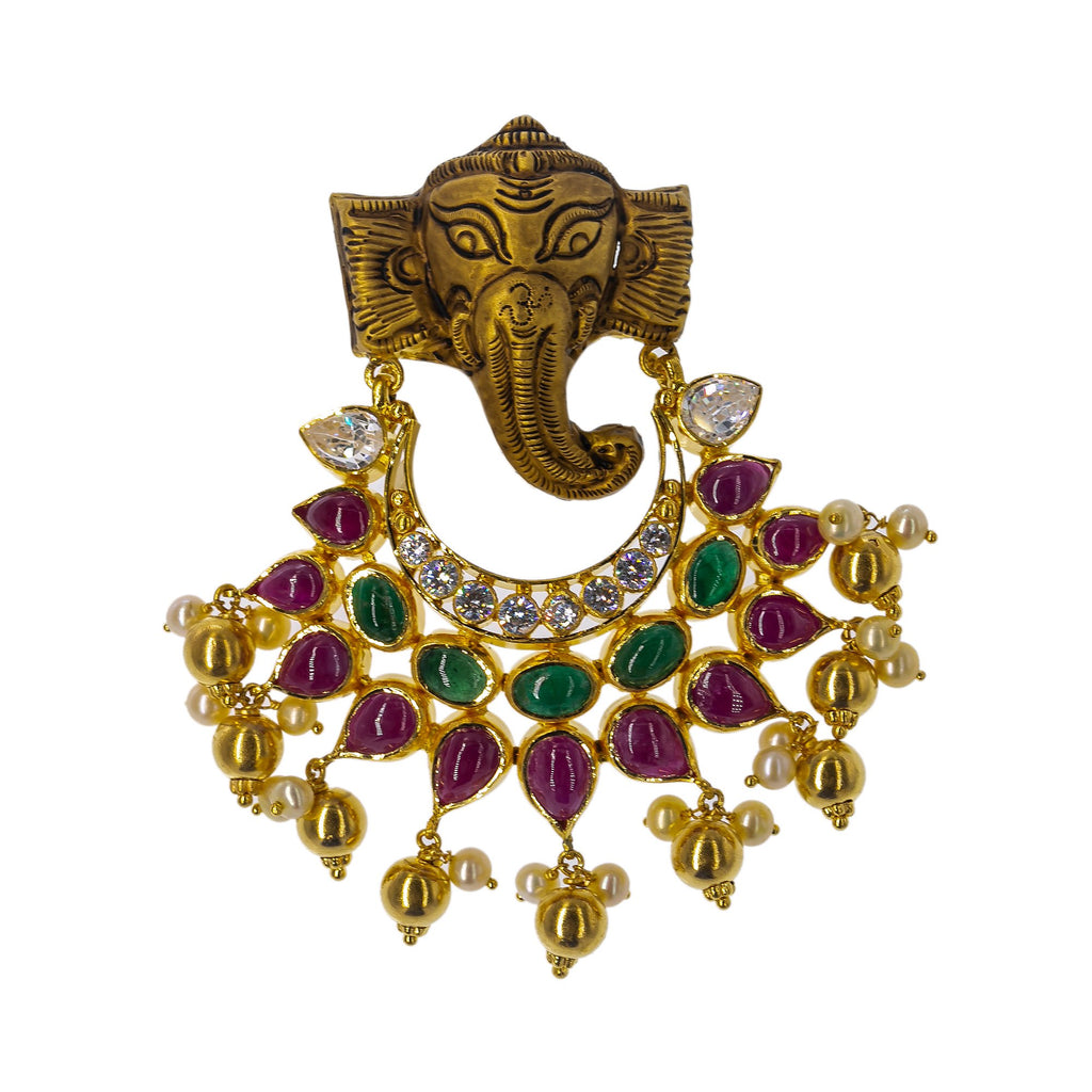 22K Yellow Antique Gold Ganesh Pendant W/ Emeralds, Rubies, CZ Gemstones & Pearls, 29gm | Grace your final look with a touch of gold and precious gemstone jewelry such as this 22K yellow ...
