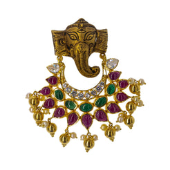 22K Yellow Antique Gold Ganesh Pendant W/ Emeralds, Rubies, CZ Gemstones & Pearls, 29gm