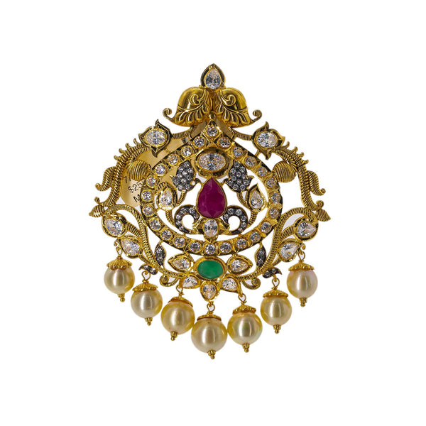 22K Yellow Gold Pendant W/ Emeralds, Rubies, CZ Gemstones & Hanging Pearls, 26.4gm | Grace your final look with a touch of gold and precious gemstone jewelry such as this 22K yellow ...