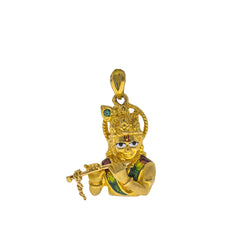 22K Yellow Gold Krishna Pendant W/ CZ & Enamel Hand Paint