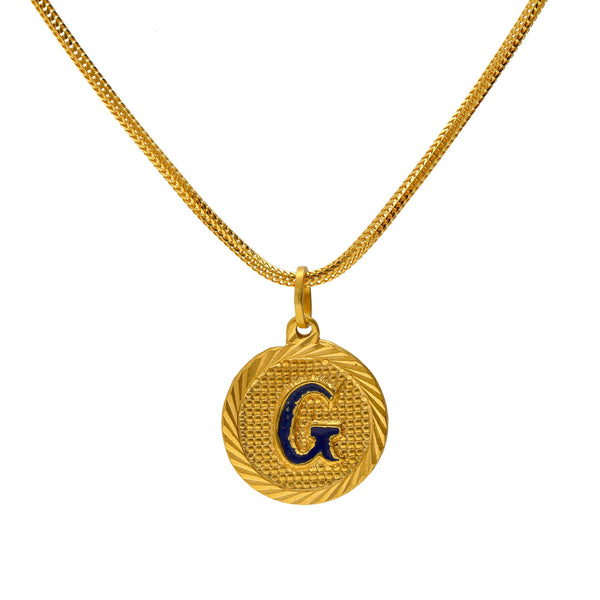 22K Yellow Gold and Blue Enamel "G" Pendant | 
Bring your boring gold chain to life with the cool and stylish 22K Yellow Gold and Blue Enamel 