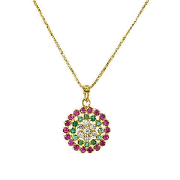 22K Yellow Gold Pendant Necklace & Earrings Set W/ Rubies, Emeralds, CZ & Confetti Design | Add color to your wardrobe with this bright and brilliant 22K yellow gold pendant necklace and ea...