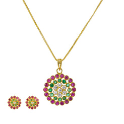 22K Yellow Gold Pendant Necklace & Earrings Set W/ Rubies, Emeralds, CZ & Confetti Design