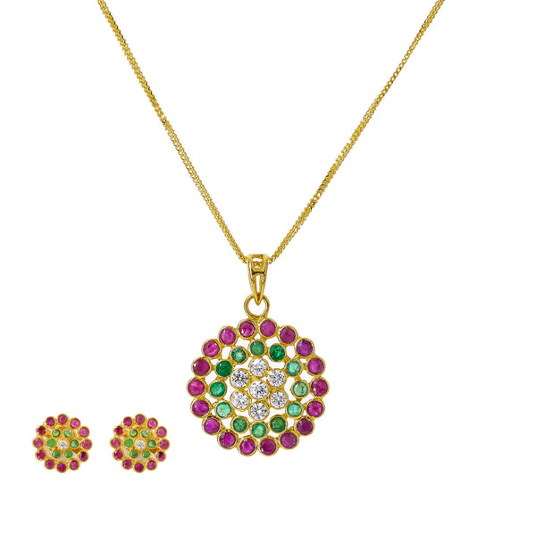 22K Yellow Gold Pendant Necklace & Earrings Set W/ Rubies, Emeralds, CZ & Confetti Design | Add color to your wardrobe with this bright and brilliant 22K yellow gold pendant necklace and ea...