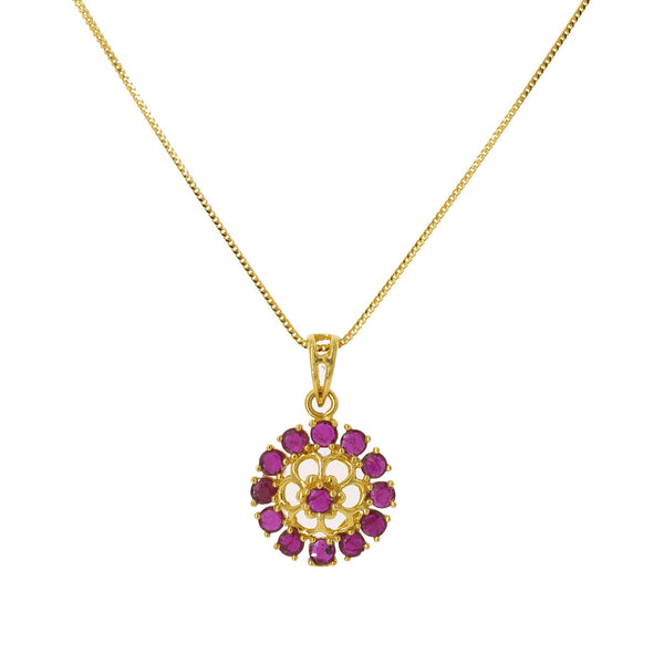 22K Yellow Gold Pendant Necklace & Earrings Set W/ Rubies & Dot-Petal Flowers | Make an elegant statement with your special attire in this 22K yellow gold pendant necklace and e...