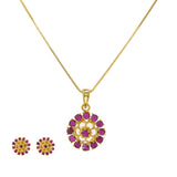 22K Yellow Gold Pendant Necklace & Earrings Set W/ Rubies & Dot-Petal Flowers | Make an elegant statement with your special attire in this 22K yellow gold pendant necklace and e...