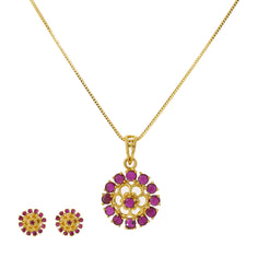 22K Yellow Gold Pendant Necklace & Earrings Set W/ Rubies & Dot-Petal Flowers
