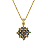 22K Yellow Gold Pendant Necklace & Earrings Set W/ Emeralds, Sapphires & Vintage Designs | Blend the elements of vintage design and deep colored precious gemstones with this breathtaking 2...