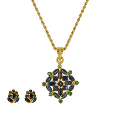 22K Yellow Gold Pendant Necklace & Earrings Set W/ Emeralds, Sapphires & Vintage Designs