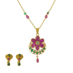 22K Yellow Gold Pendant & Chain Set W/ Ornate Ruby Flower