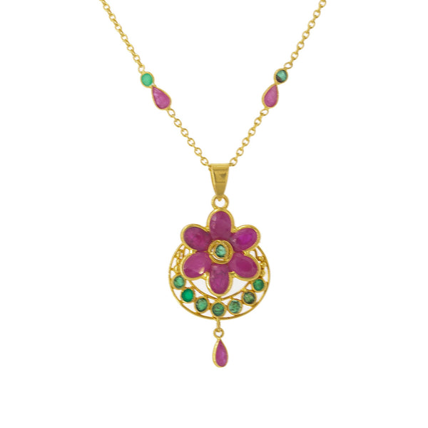 22K Yellow Gold Pendant & Chain Set W/ Ornate Ruby Flower | Simple, sleek and luxurious in this 22K yellow gold pendant and chain set from Virani Jewelers! F...