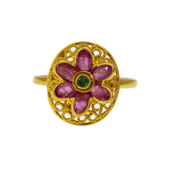 22K Yellow Gold Pendant Necklace & Ring Set W/ Rubies, Emeralds & Bold Flower Decals | Discover the boldness of elegance with this 22K yellow gold pendant necklace & ring set from ...