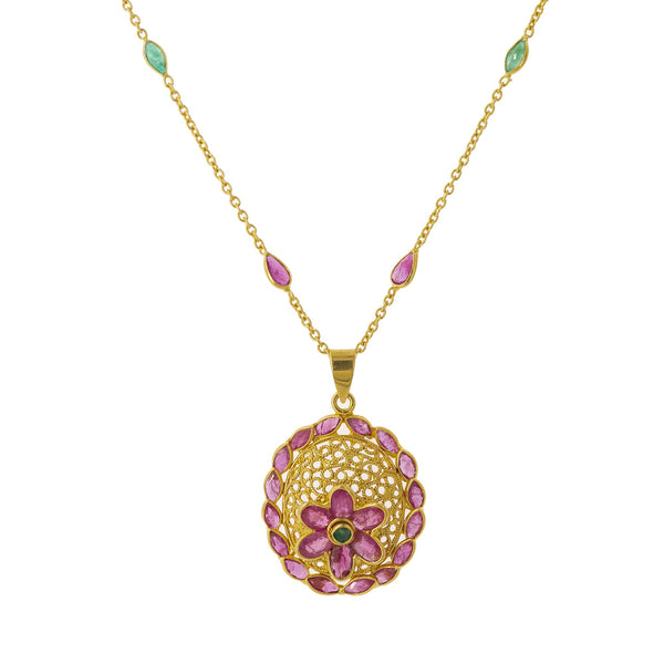 22K Yellow Gold Pendant Necklace & Ring Set W/ Rubies, Emeralds & Bold Flower Decals | Discover the boldness of elegance with this 22K yellow gold pendant necklace & ring set from ...