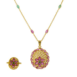 22K Yellow Gold Pendant Necklace & Ring Set W/ Rubies, Emeralds & Bold Flower Decals