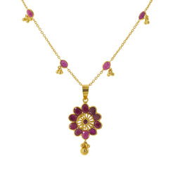 22K Yellow Gold Pendant Necklace & Ring Set W/ Ornate Ruby Flowers