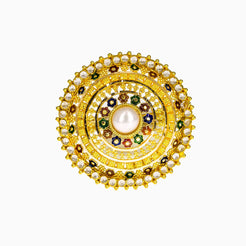 22K Yellow Gold Shield Ring W/ Meenakari, CZ Gems & Center Pearl
