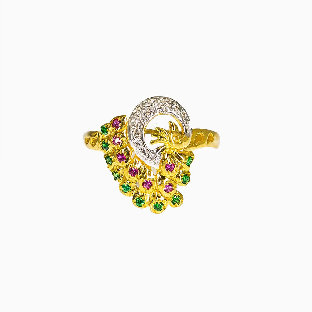 22K Multi Tone Gold Ring W/ Emeralds, Rubies & Artisanal Peacock |  22K Multi Tone Gold Ring W/ Emeralds, Rubies & Artisanal Peacock for women. This unique 22K ...