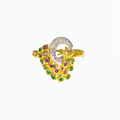 22K Multi Tone Gold Ring W/ Emeralds, Rubies & Artisanal Peacock