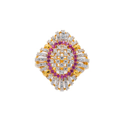 22K Yellow Gold CZ Shield Ring W/ Precious White & Purple Gemstones