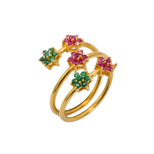 22K Yellow Gold CZ Ring W/ Cluster Flowers & Spring Band | Spring into luxury with the colorful cluster flowers and coiled band of this 22K yellow gold CZ r...