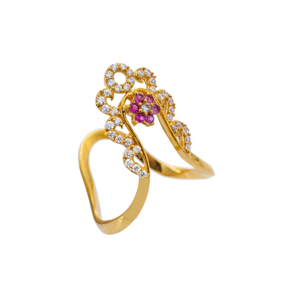 22K Yellow Gold CZ Ring W/ Gemstone Flower & Deep Curved Band | Unique is an accessory best worn with confidence like this 22K yellow gold CZ ring from Virani Je...