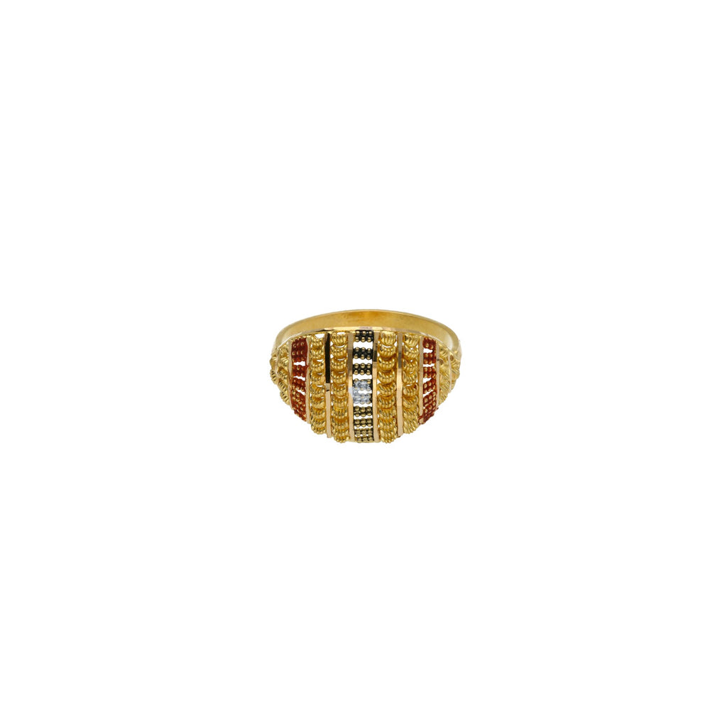 22K Yellow Gold Meenakari Ring W/ Filigree-Textured Domed Accent | 



Add color and texture to your subtle gold pieces for a radiant impact like in this 22K yellow...