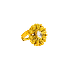 22K Yellow Gold Ring W/ Kundan, Artisanal Flower & Extendable Band
