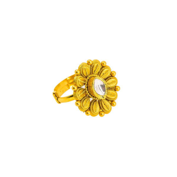 22K Yellow Gold Ring W/ Kundan, Artisanal Flower & Extendable Band |  22K Yellow Gold Ring W/ Kundan, Artisanal Flower & Extendable Band for women. It is a ring s...