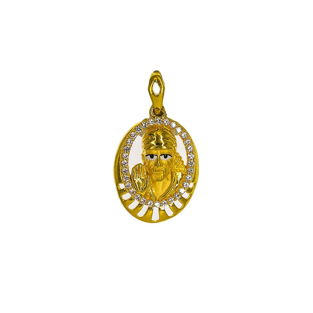 22K Yellow Gold Sai Baba Pendant W/ CZ Gems, Hand Paint & Round Frame | 22K Yellow Gold Sai Baba Pendant W/ CZ Gems, Hand Paint & Round Frame for men and women. This...