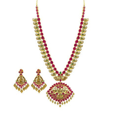 22K Yellow Gold Set Necklace & Earrings W/ Rubies & Emeralds on Laxmi Eyelet Pendant & Engraved Mango Accents