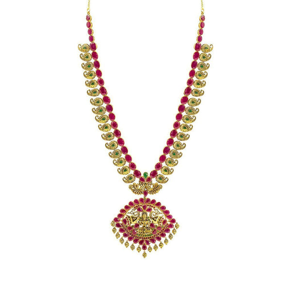 22K Yellow Gold Set Necklace & Earrings W/ Rubies & Emeralds on Laxmi Eyelet Pendant & Engraved Mango Accents | 22K Yellow Gold Set Necklace & Earrings W/ Rubies & Emeralds on Laxmi Eyelet Pendant &...