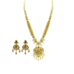 22K Yellow Gold Set Necklace & Earrings W/ Rubies, Emeralds, Pearls and CZ on Chandelier Laxmi Pendant