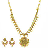 An image of the Anvi Antique Laxmi 22K gold necklace set from Virani Jewelers. | Show off your style and culture on special occasions with this stunning 22K gold necklace set fro...