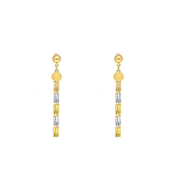 An image of a pair of 22K gold Indian earrings crafted by Virani Jewelers | This 22K yellow and white gold set from Virani Jewelers is an exquisite way to complement any for...