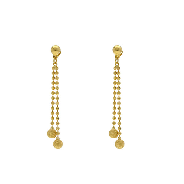 An image of a pair of 22K yellow gold earrings that match an Indian necklace from Virani Jewelers | Use this 22K yellow gold necklace and earring set from Virani Jewelers to add lustrous elegance t...