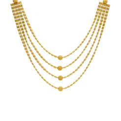 22K Yellow Gold Multi-Layer Necklace W/ Four Strands, Centered Balls & Tubular Beads