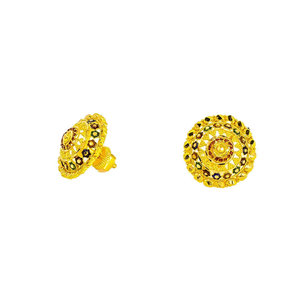 22K Yellow Gold Stud Earrings W/ Meenakari Design & Open Cut Round Shield Frame |  22K Yellow Gold Stud Earrings W/ Meenakari Design & Open Cut Round Shield Frame for women. T...