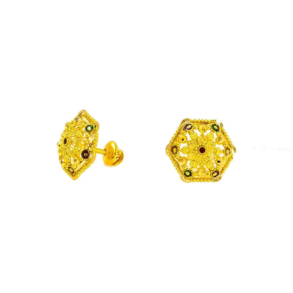 22K Yellow Gold Stud Earrings W/ Meenakari Design on Hexagon Shield Frame |  22K Yellow Gold Stud Earrings W/ Meenakari Design on Hexagon Shield Frame for women. These spark...