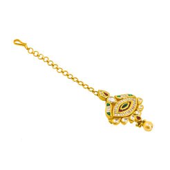 22K Yellow Gold Tikka W/ Pearl, Kundan, Eyelet Pendant & Cable Link Chain