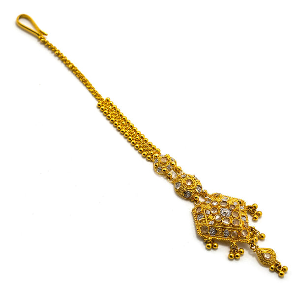 22K Multi Tone Gold Tikka W/ Hanging Ball Accents & Diamond Shaped Pendant |  22K Multi Tone Gold Tikka W/ Hanging Ball Accents & Diamond Shaped Pendant for women. This b...