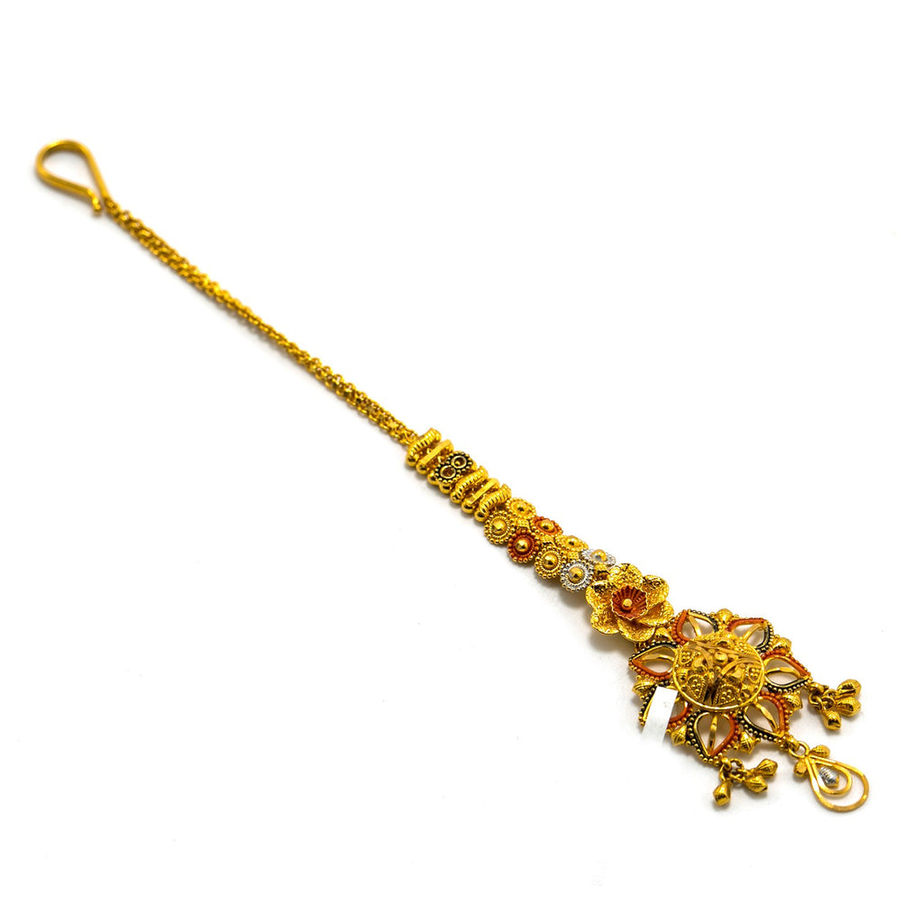 22K Multi Tone Gold Tikka W/ Meenakari Details & Open Cut Flower Pendant |  22K Multi Tone Gold Tikka W/ Meenakari Details & Open Cut Flower Pendant for women. This ele...