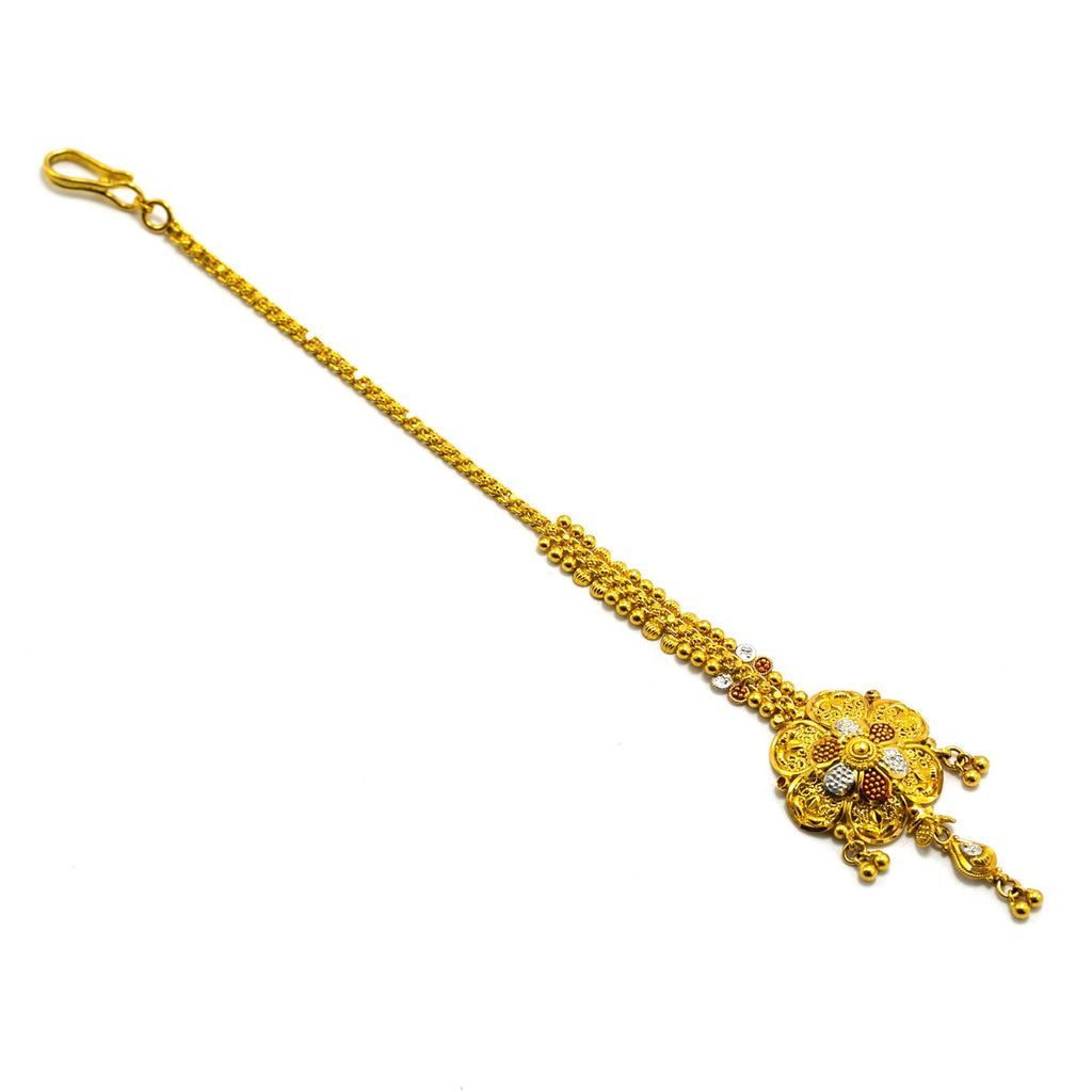 22K Multi Tone Gold Tikka W/ Meenakari Hand Paint & Double Flower Pendant |  22K Multi Tone Gold Tikka W/ Meenakari Hand Paint & Double Flower Pendant for women. This el...