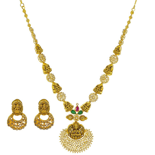 22K Yellow Gold Uncut Diamond Antique Temple Necklace Set W/ 7.36ct Uncut Diamonds, Rubies, Emeralds & Laxmi Pendants | 22K Yellow Gold Uncut Diamond Antique Temple Necklace Set W/ 7.36ct Uncut Diamonds, Rubies, Emera...