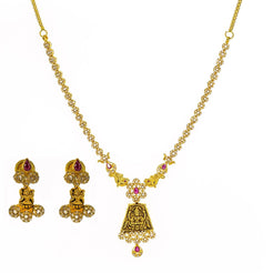22K Yellow Gold Uncut Diamond Antique Temple Necklace Set W/ 7.13ct Uncut Diamonds, Rubies & Laxmi Pendants