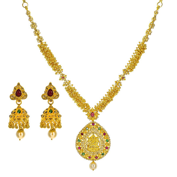 22K Yellow Gold Uncut Diamond Temple Necklace Set W/ 6.46ct Uncut Diamonds, Rubies, Emeralds, Pearls & Laxmi Pendants | 22K Yellow Gold Uncut Diamond Temple Necklace Set W/ 6.46ct Uncut Diamonds, Rubies, Emeralds, Pea...